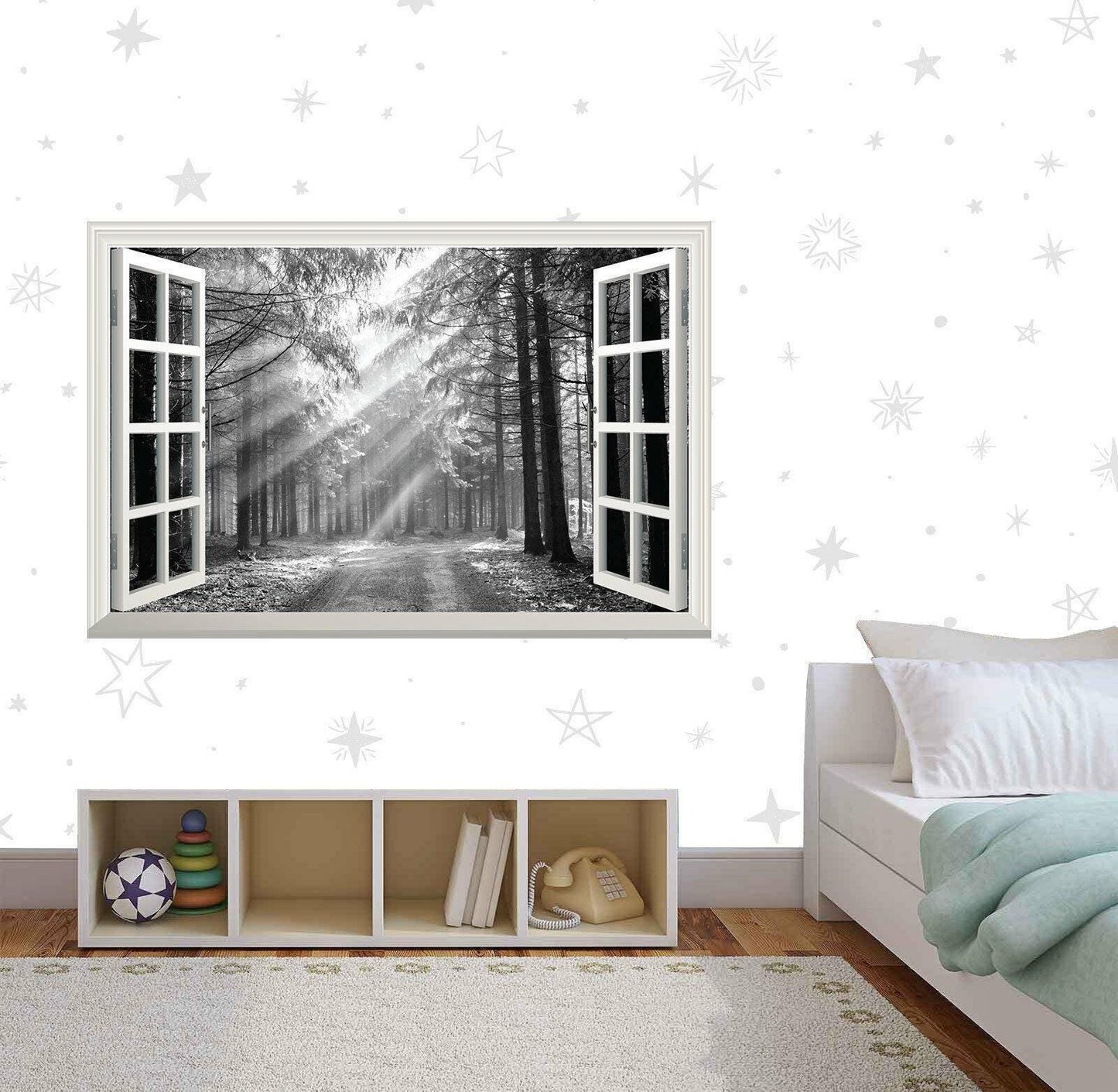 3D Forest Window View Wall Decal: Black & White Sunrise Mural