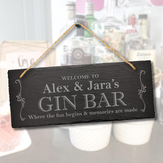 Personalised Welcome To Gin Bar Engraved Hanging Drinking Gift Slate Plaque Sign