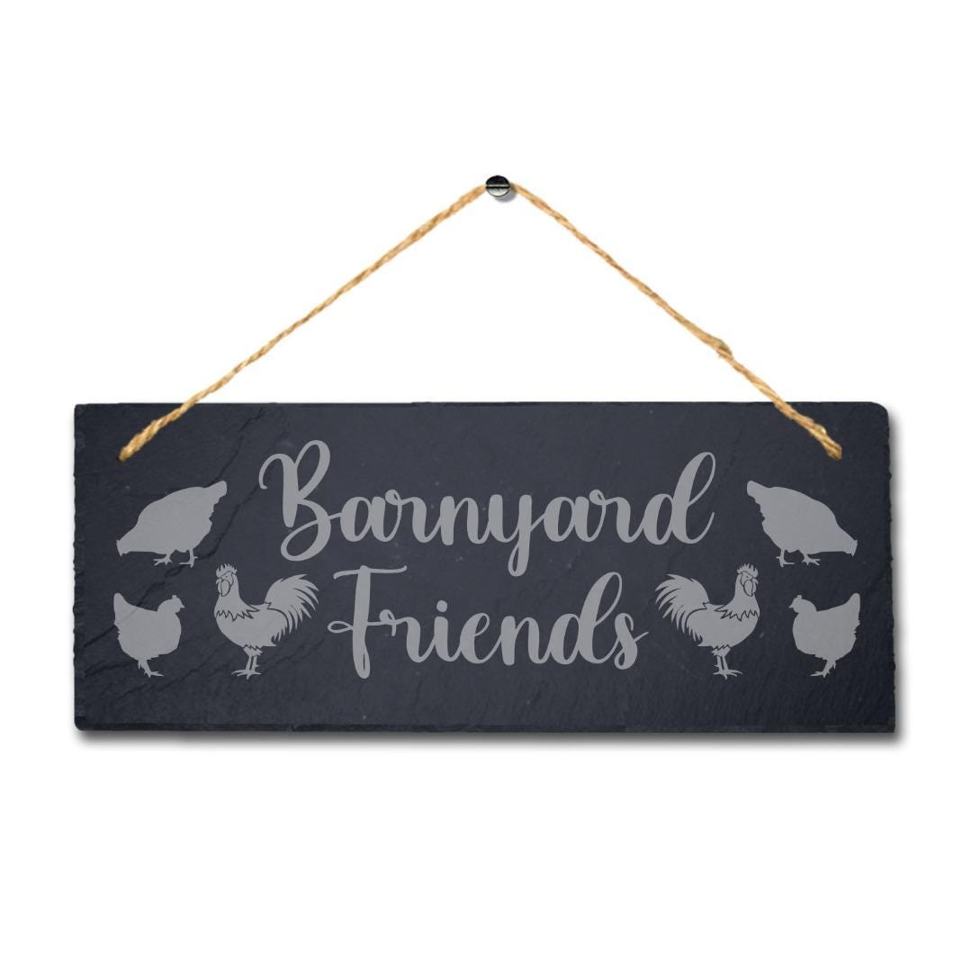 Barnyard Friends Laser Engraved Hanging Slate Hen Cock Plaque Chicken Farm Sign