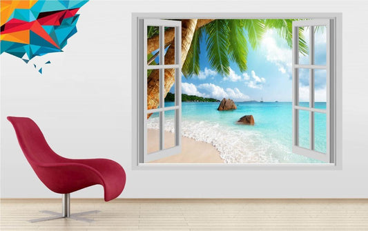 Beach View Wall Decal: 3D Window, Palm Tree Mural
