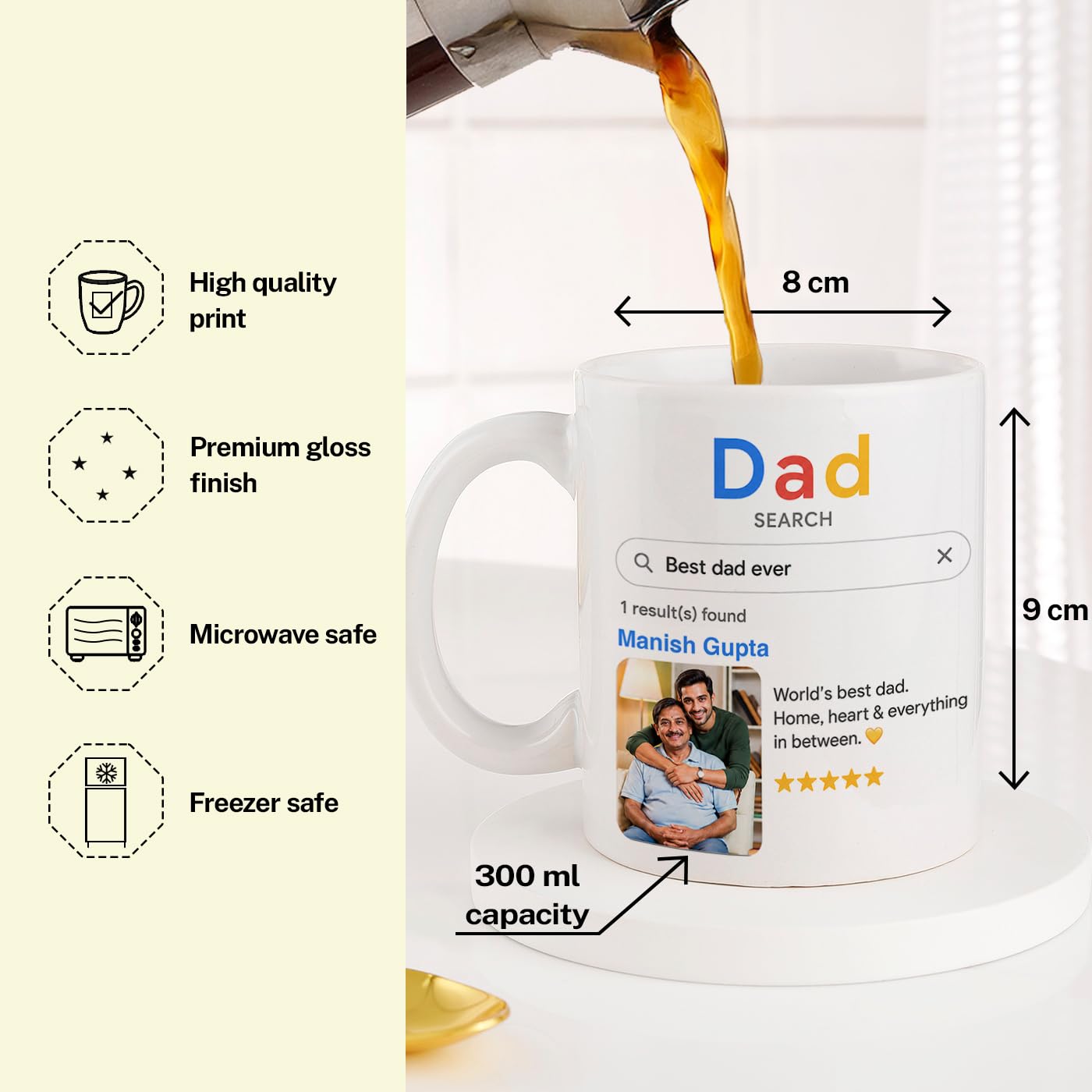 Personalized Ceramic Coffee Mug with Custom Photo and Name, Search Engine Theme Design for Dad, Customizable 11oz White Tea Cup for Home and Office, High Gloss Finish