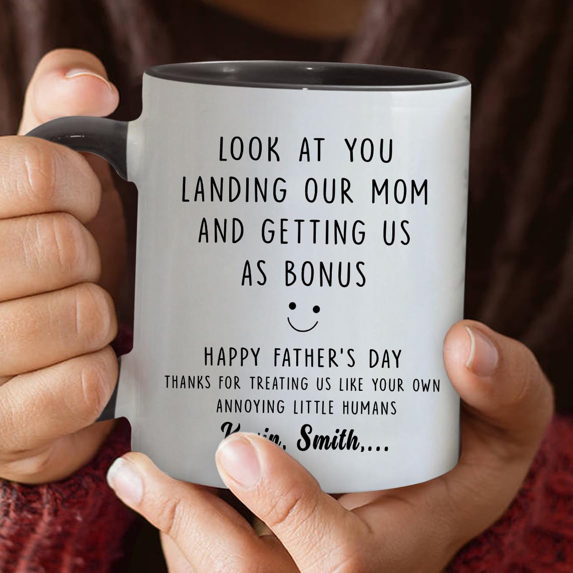 Personalized Stepdad Look At You Landing Our Mom And Getting Us Mugs | Ceramic Coffee Mug | Father's Day Gift | Stylish Printed Design | Tea & Coffee Cup | 11oz | Black Two-Tone Design