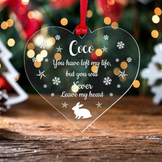 Personalised Rabbit Memory Christmas Bauble Pet Memorial Xmas Gift Hanging Heart
