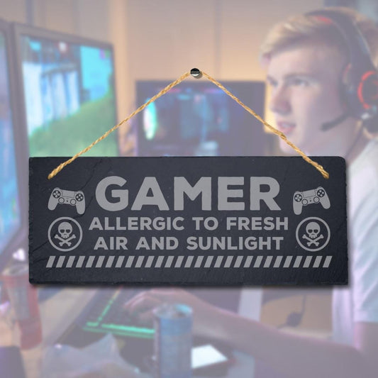 Gamer Allergic To Fresh Air Sunlight Engraved Hanging Slate Gamer Plaque Sign