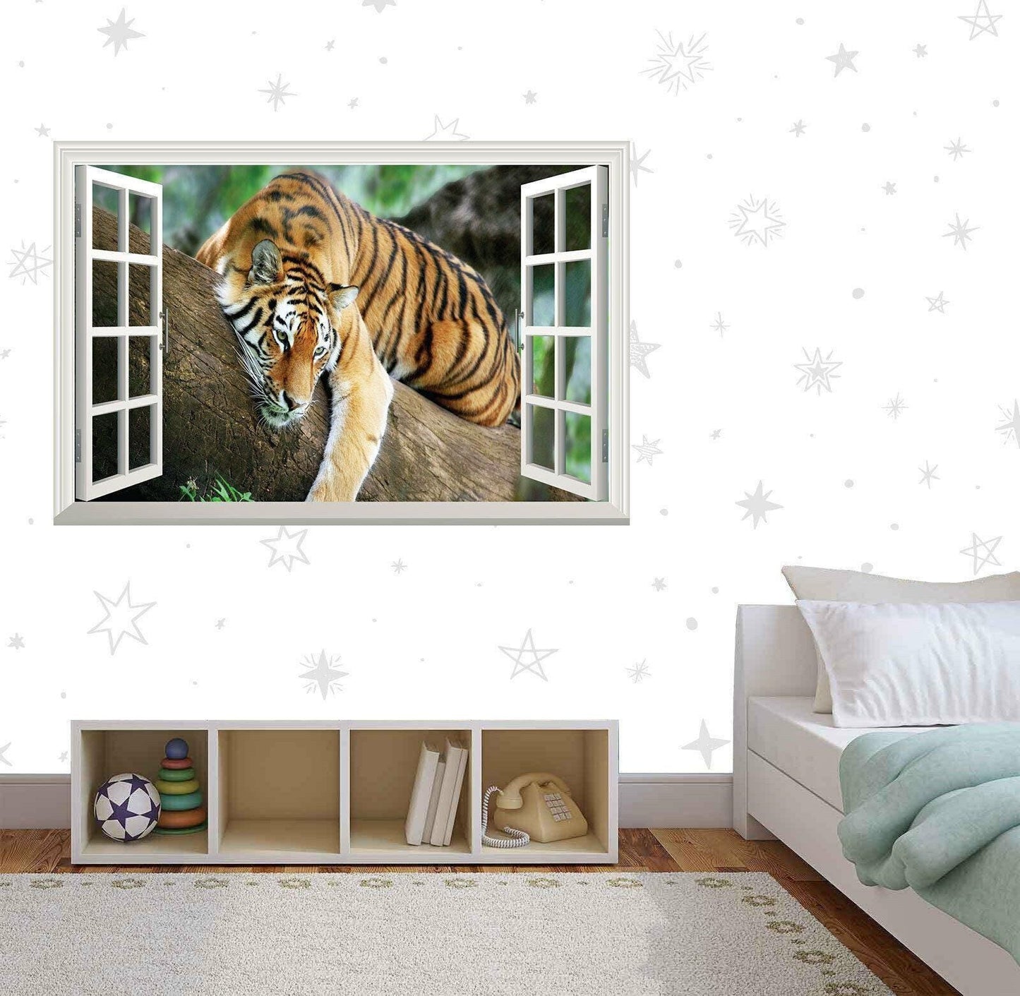 3D Tiger Window View Wall Decal: Vinyl Forest Mural