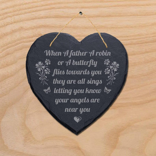 When Father Robin Butterfly Engraved Hanging Memorial Heart Shape Slate Plaque Sign