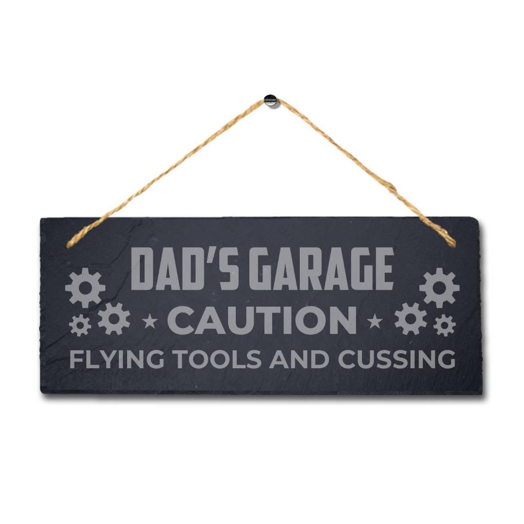 Dads Garage Caution Flying Tools Engraved Hanging Slate Workshop Shed Plaque Sign