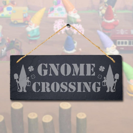 Gnomes Crossing Laser Engraved Hanging Slate Garden Home Decor Plaque Sign