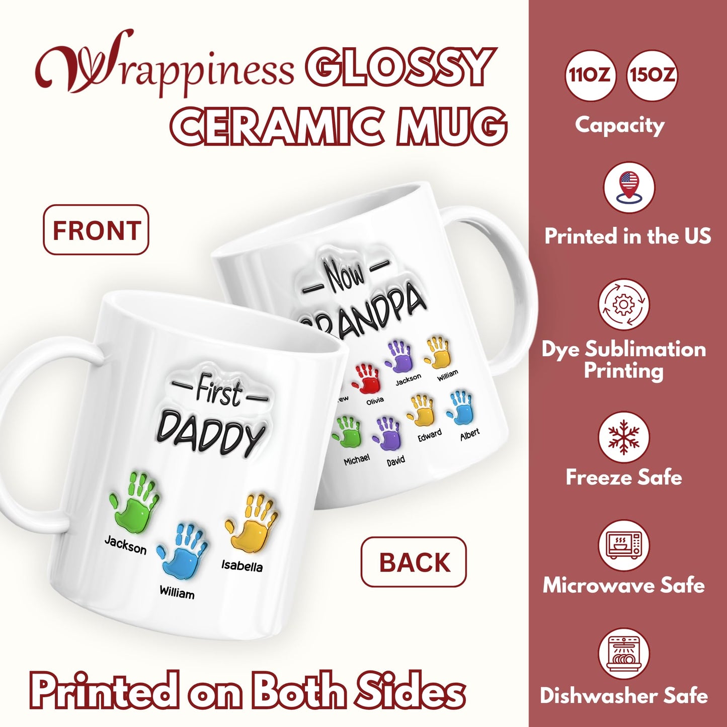 First Dad Now Grandpa Personalized Handprints with 3D Inflated Effect | Ceramic Coffee Mug | Father's Day Gift | Stylish Printed Design | Tea & Coffee Cup | 11oz