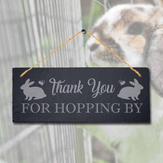 Thank You For Hopping By Laser Engraved Hanging Slate Rabbit Bunny Plaque Sign