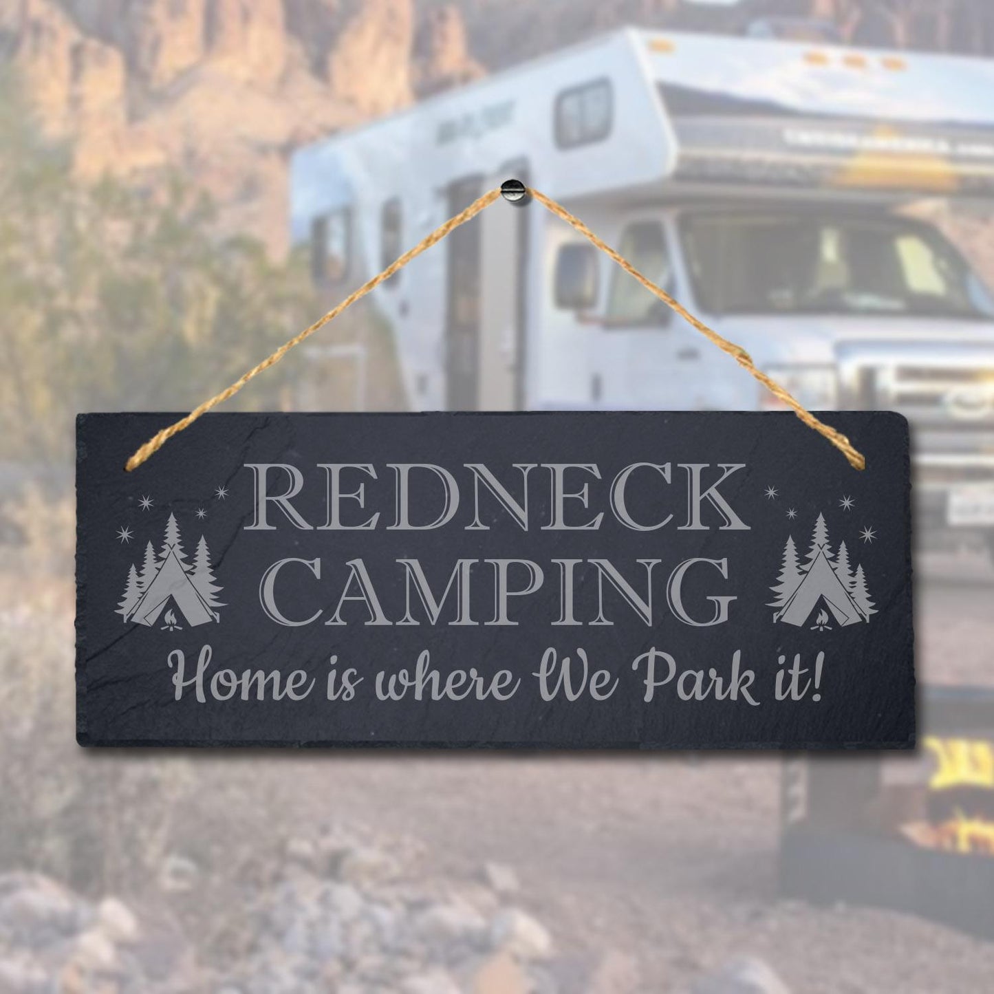 Home Where We Park Caravan Laser Engraved Hanging Slate Camping Fun Plaque Sign