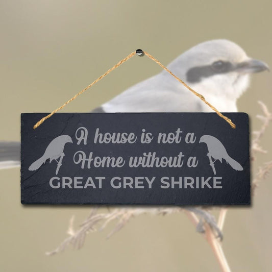A House Is Not Home Without Great Grey Shrike Engraved Hanging Slate Bird Sign