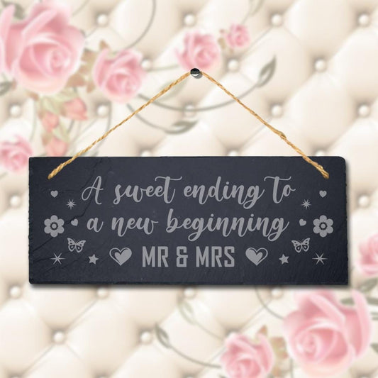 Laser Engraved Slate Wedding Plaque: Sweet Ending New Beginning