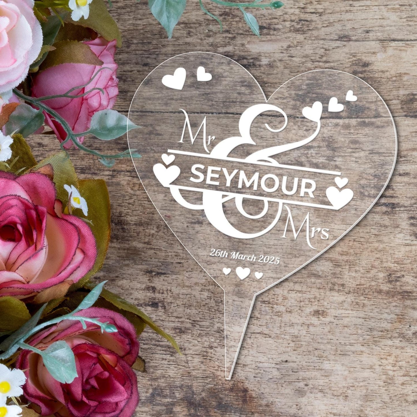 Personalised Name Wedding Cake Topper Engraved Acrylic Heart Mr & Mrs Decoration