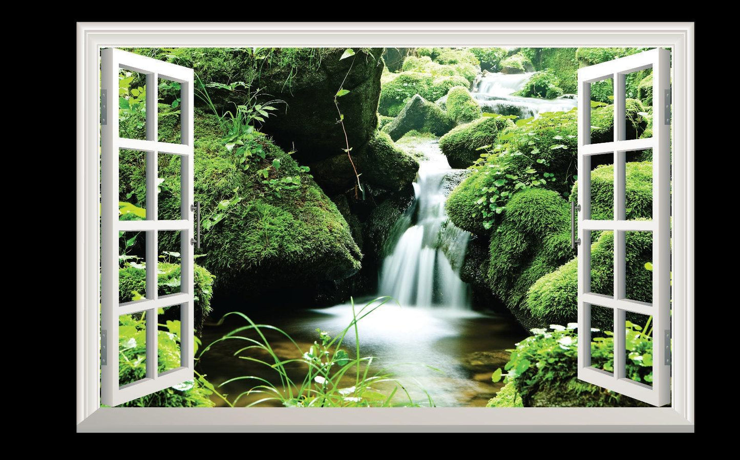 3D Waterfall Window View Wall Decal: Green Forest Mural