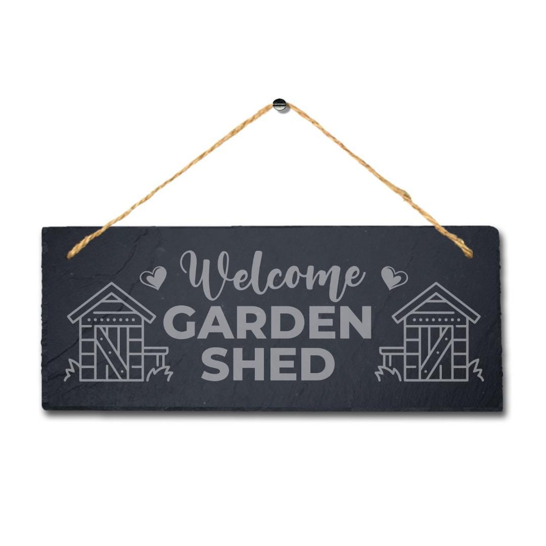 Laser Engraved Welcome Garden Shed Slate Sign with Jute Rope