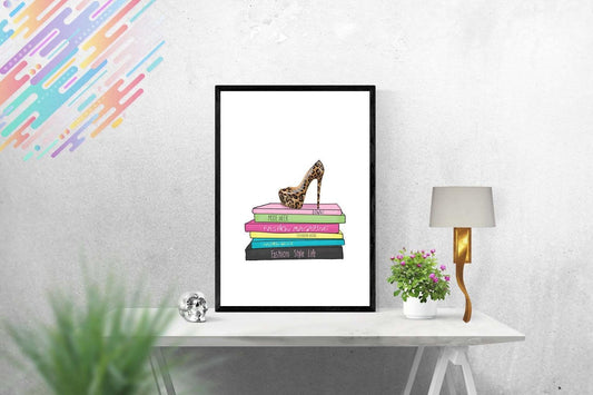 Leopard Heel Shoes Books Girls Bedroom Fashion Wall Art Home Decor Print Poster