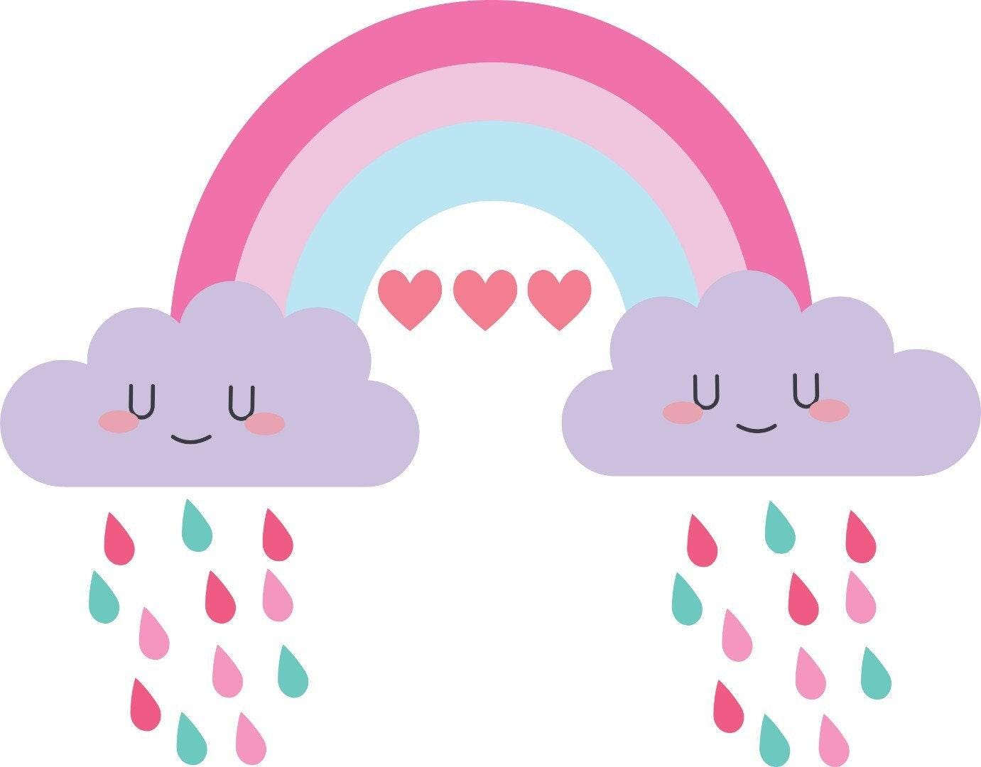Colourful Rainbow Rain Drops Cloud Face Wall Mural Stickers Nursery Children Bedroom Set