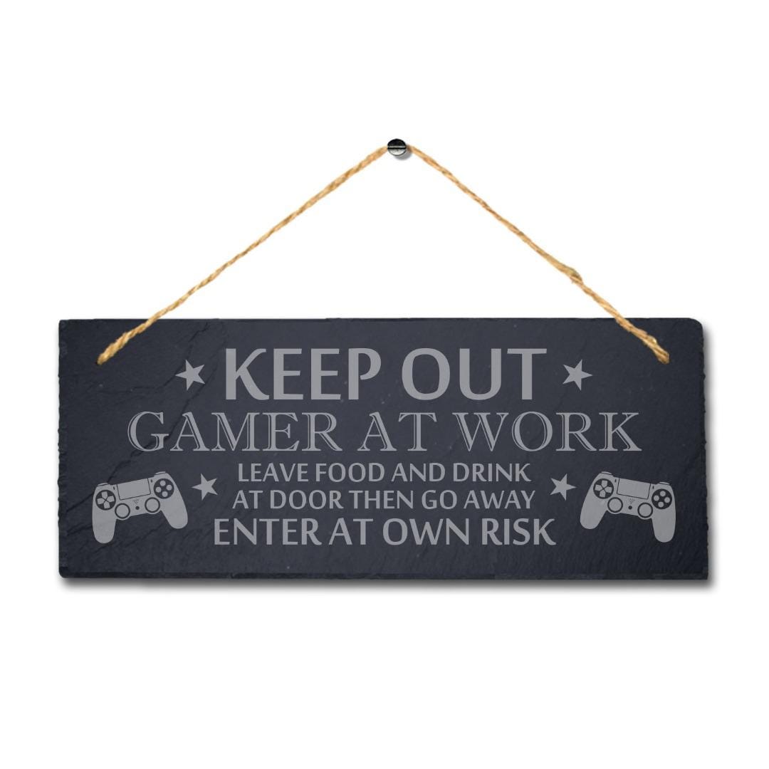 Keep Out Gamer Work Laser Engraved Hanging Slate Video Gaming Door Plaque Sign