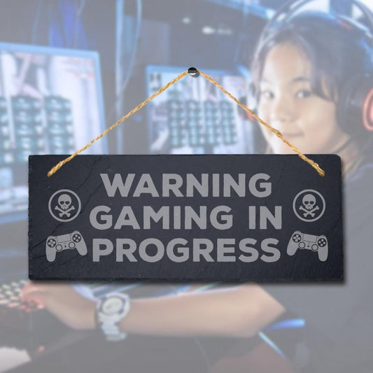 Warning Gaming In Progress Laser Engraved Hanging Slate Gamer Room Plaque Sign