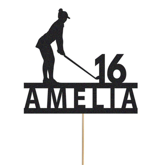 Personalised Glitter Woman Golfer Cake Topper: Any Name & Age