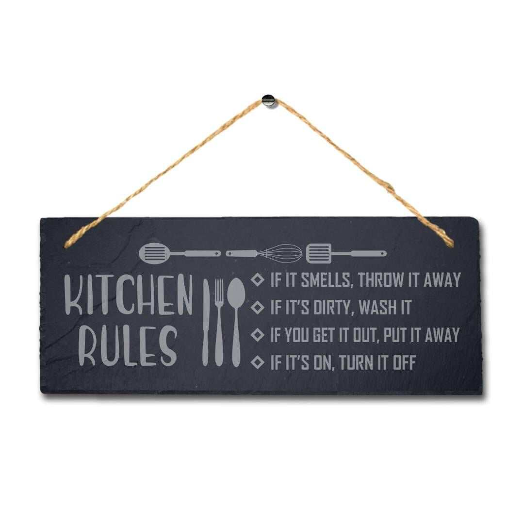 Kitchen Rules If It Smells Laser Engraved Hanging Slate Kitchen Home Plaque Sign
