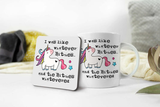 I Was Like Whatever Bitches Mug And Coaster Gift Set Funny Unicorn Coffee Cup