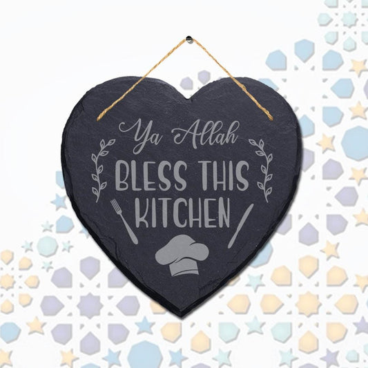 Ya Allah Bless This Kitchen Engraved Islamic Wall Hanging Slate Heart Plaque Sign