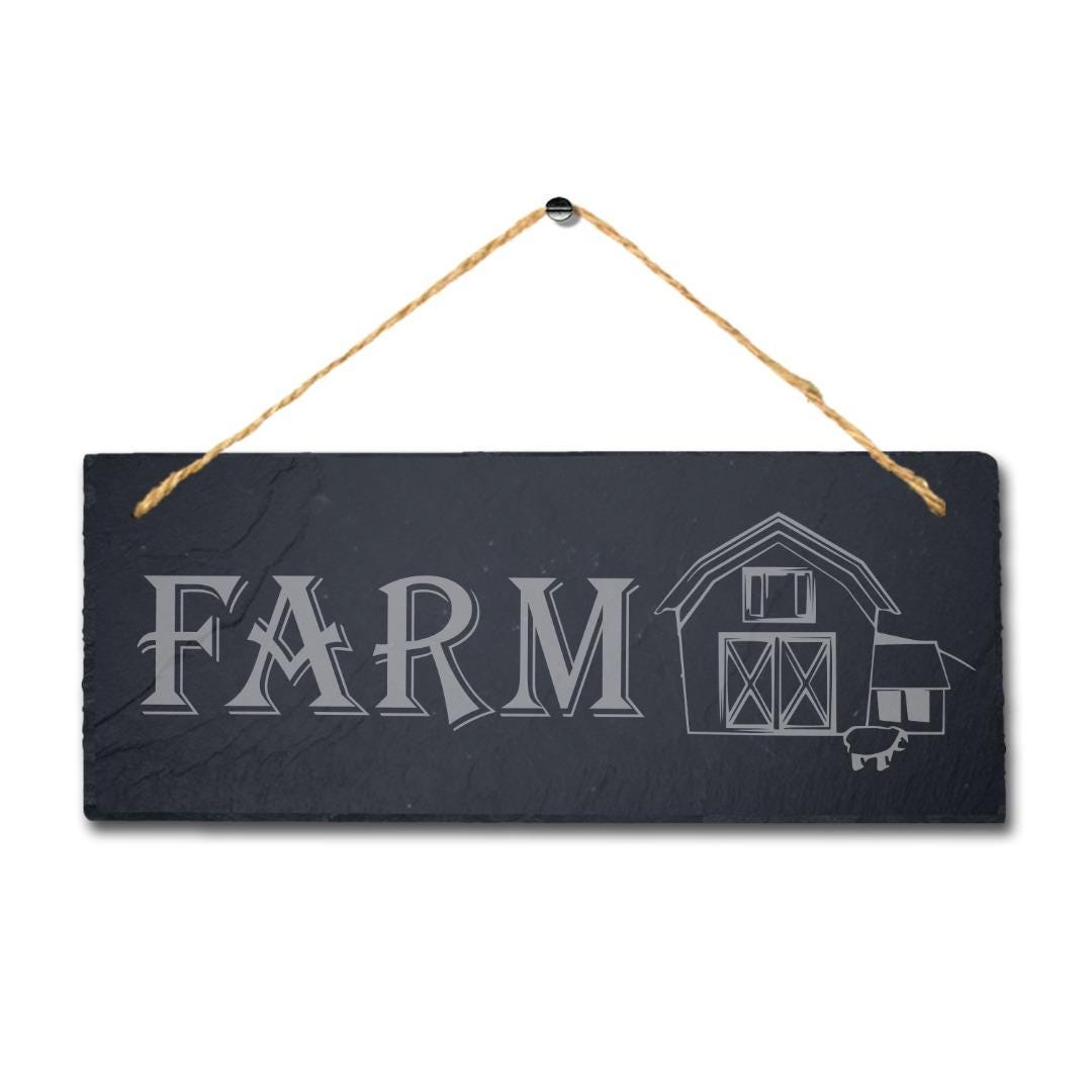 Farm With House Sketch Laser Engraved Hanging Slate Farmhouse Decor Plaque Sign