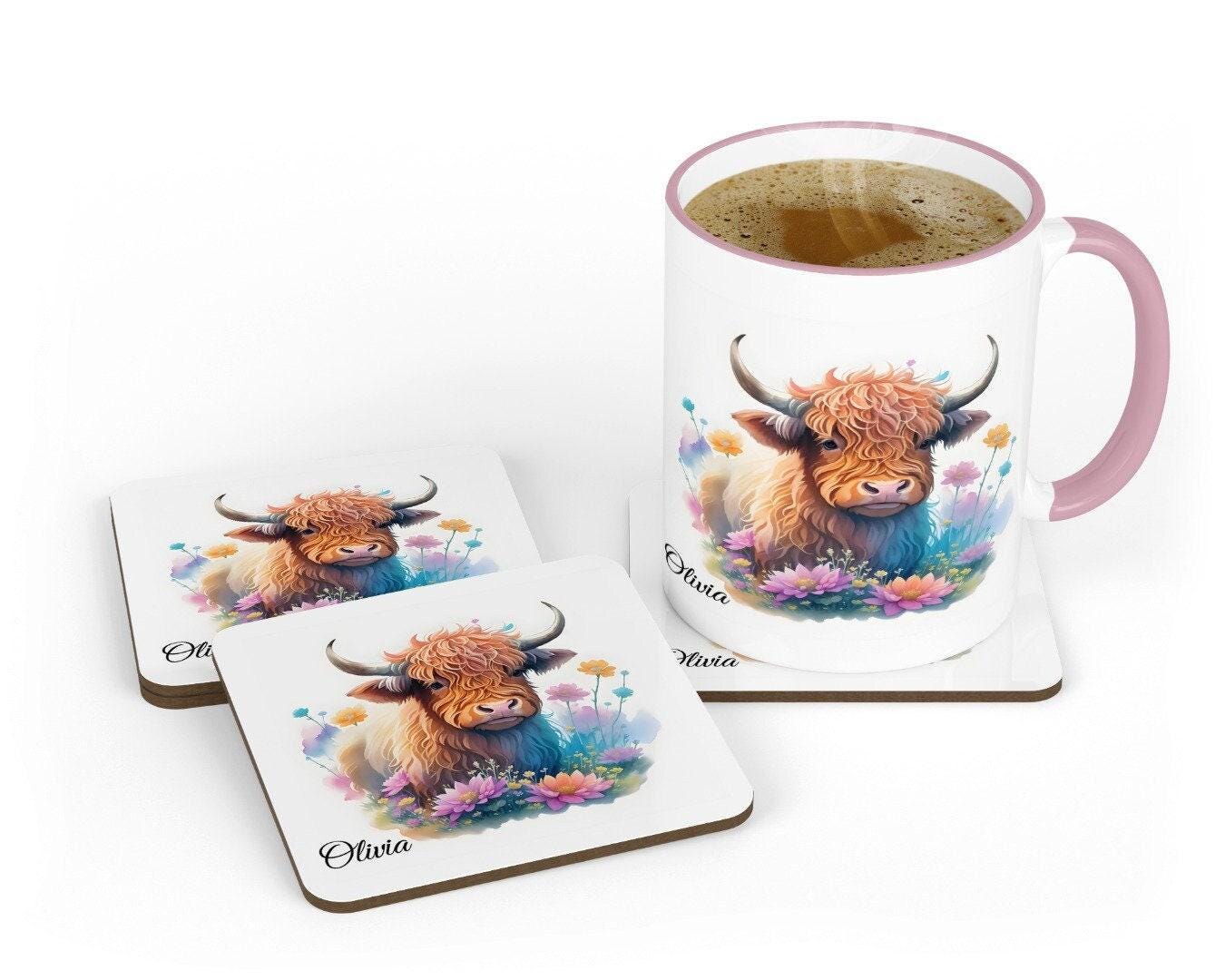 Highland Cow Mug & Coaster Set: Personalised Fluffy Cow Gift
