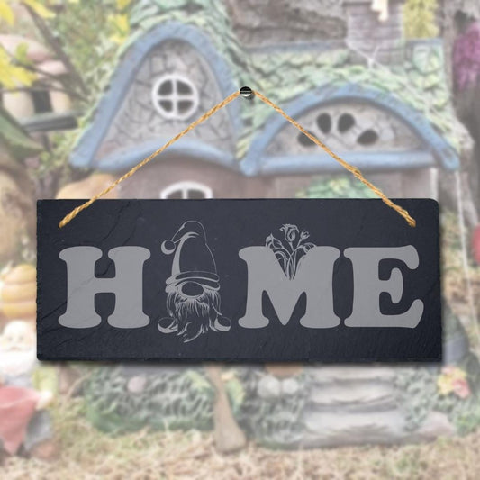 Home With Gnome Laser Engraved Hanging Slate Garden Home Decor Plaque Sign