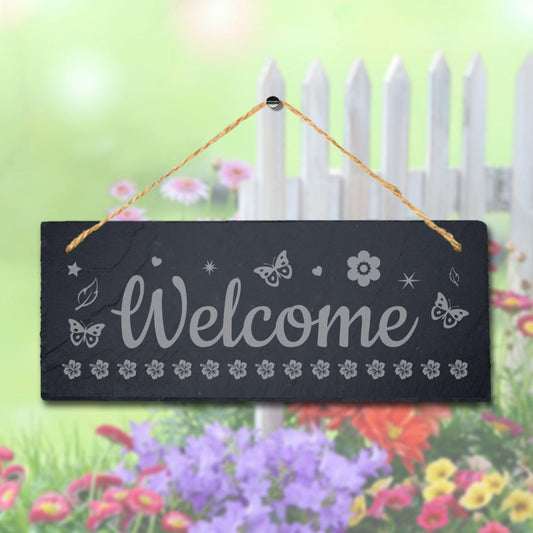 Welcome Butterfly Pattern Laser Engraved Hanging Slate Home Decor Plaque Sign