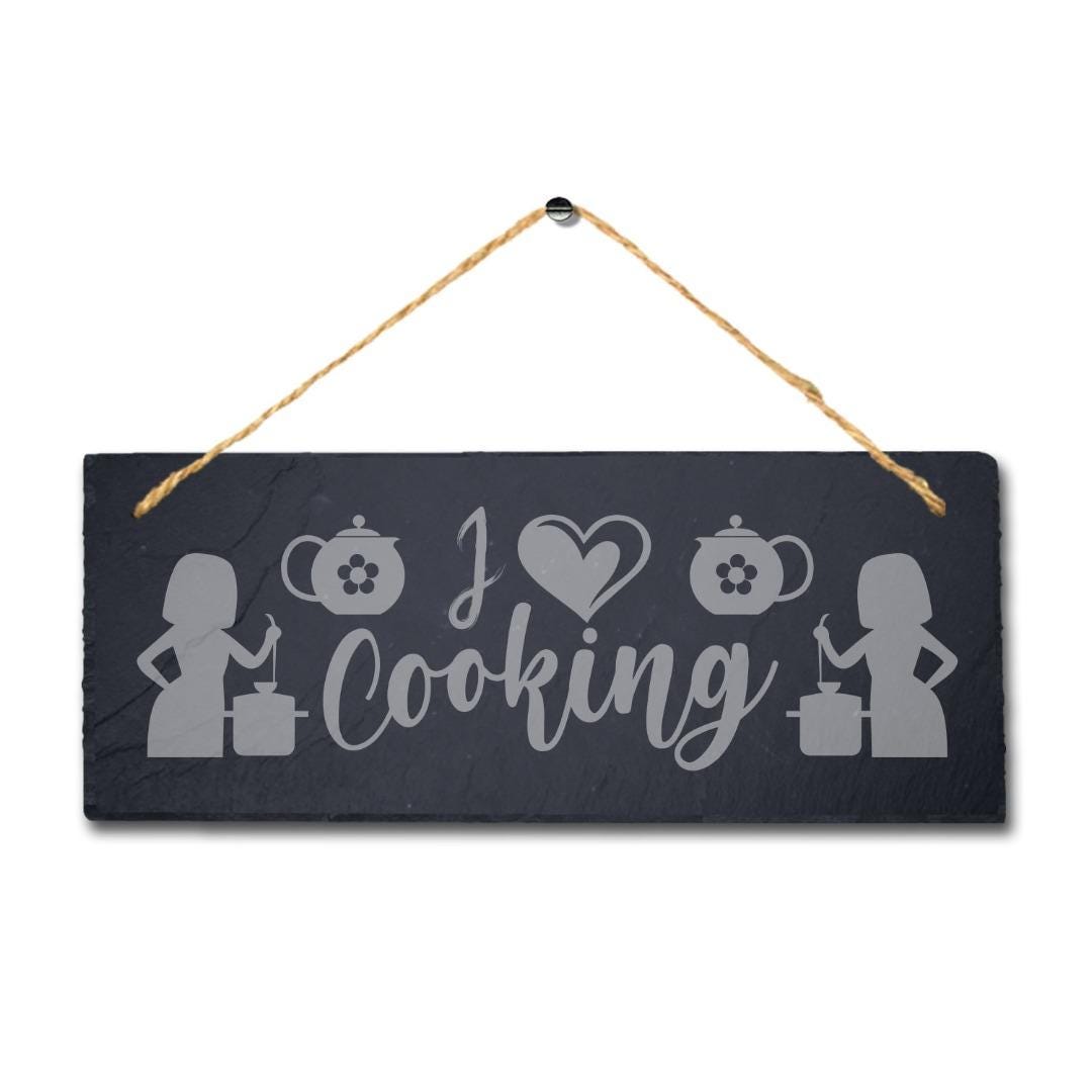I Love Cooking Laser Engraved Hanging Slate Kitchen Home Decor Plaque Sign