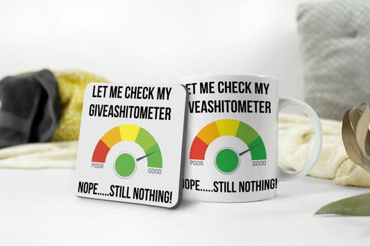 Giveashitometer Mug & Coaster Set: Funny Novelty Office Gift