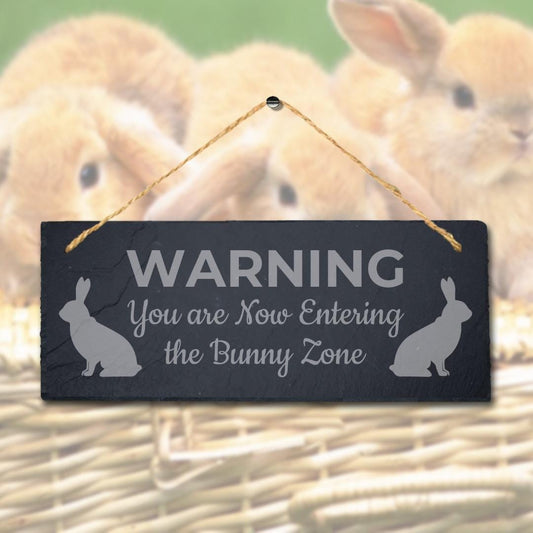 Warning You Are Entering Bunny Zone Engraved Hanging Slate Rabbit Plaque Sign
