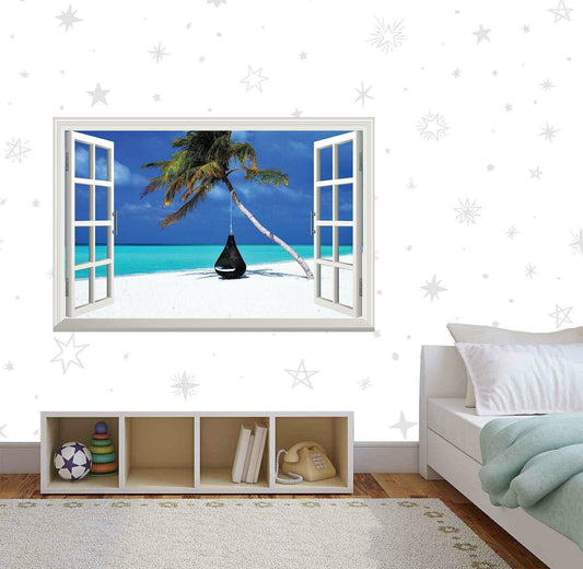 Maldives Beach View Wall Decal: 3D Window, Palma Tree Vinyl Mural