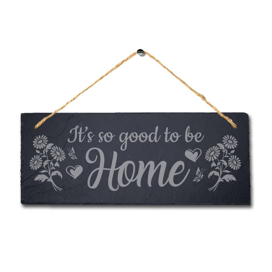 Laser Engraved Slate Home Sign: Rustic Door Plaque with Jute Rope