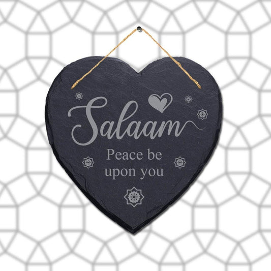 Salam Peace Be Upon You Engraved Islamic Wall Hanging Slate Heart Plaque Sign