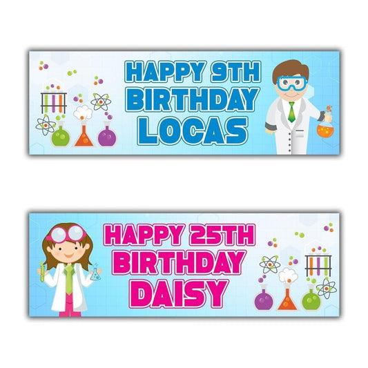 2 Personalised Mad Scientist Birthday Party Celebration Banner Decoration Poster