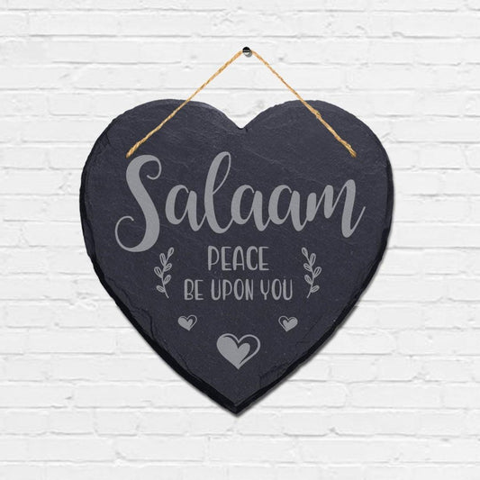 Salaam Peace Be Upon You Engraved Wall Hanging Islamic Heart Home Slate Plaque Sign