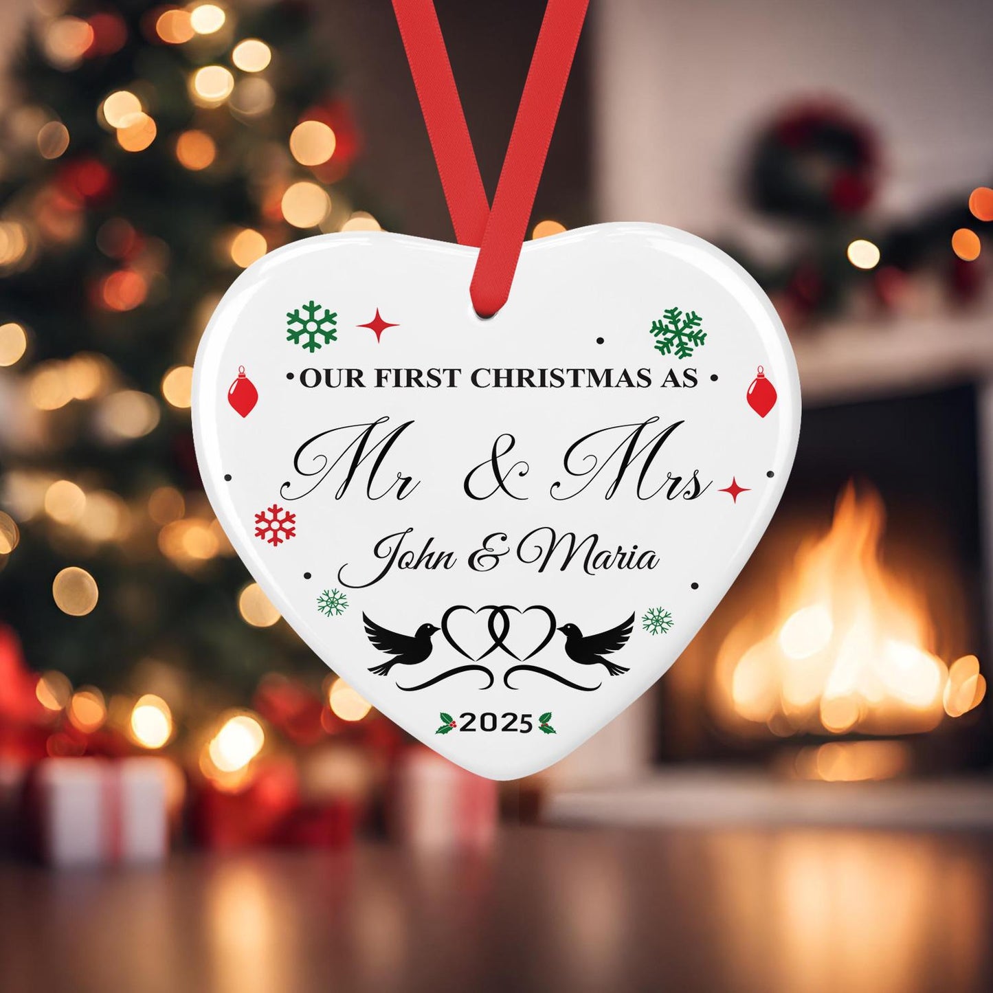 Personalised Mr & Mrs Ceramic Bauble: First Christmas Keepsake