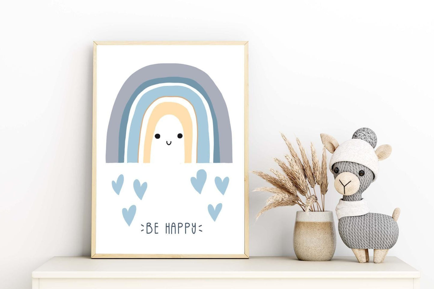 Be Happy Boy Boho Watercolour Hand Painted Effect Rainbow Nursery Wall Poster