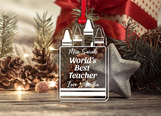 Personalised Teacher Christmas Bauble: Acrylic Crayon Design