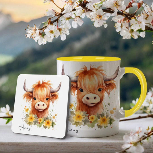 Personalised Highland Cow Mug & Coaster Set: Fluffy Cow Gift