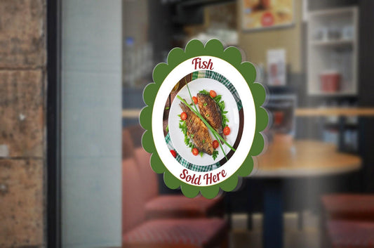 Fish Sold Here Window Sticker: Restaurant Catering Van POS Sign