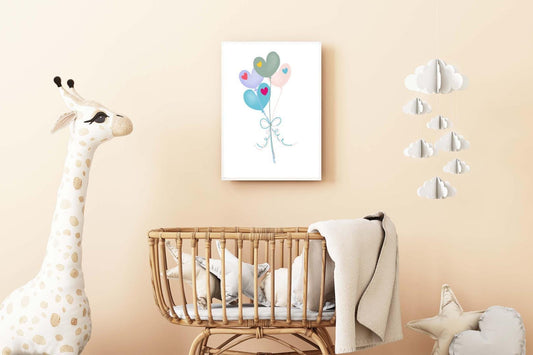 Heart Balloons Kids Boho Watercolour Hand Painted Effect Nursery Wall Art Poster