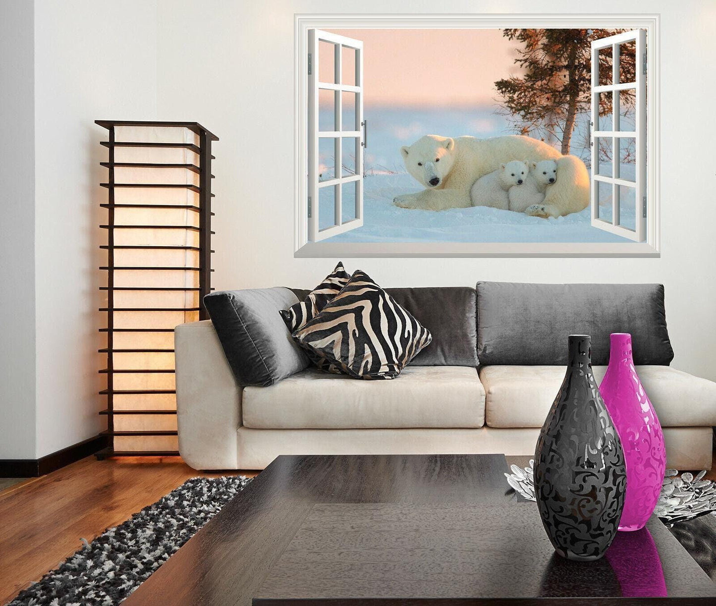 Polar Bear Family Wall Sticker: 3D Window View Mural