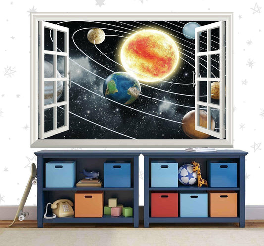 3D Solar System Window View Wall Decal: Galaxy Planets Vinyl Mural