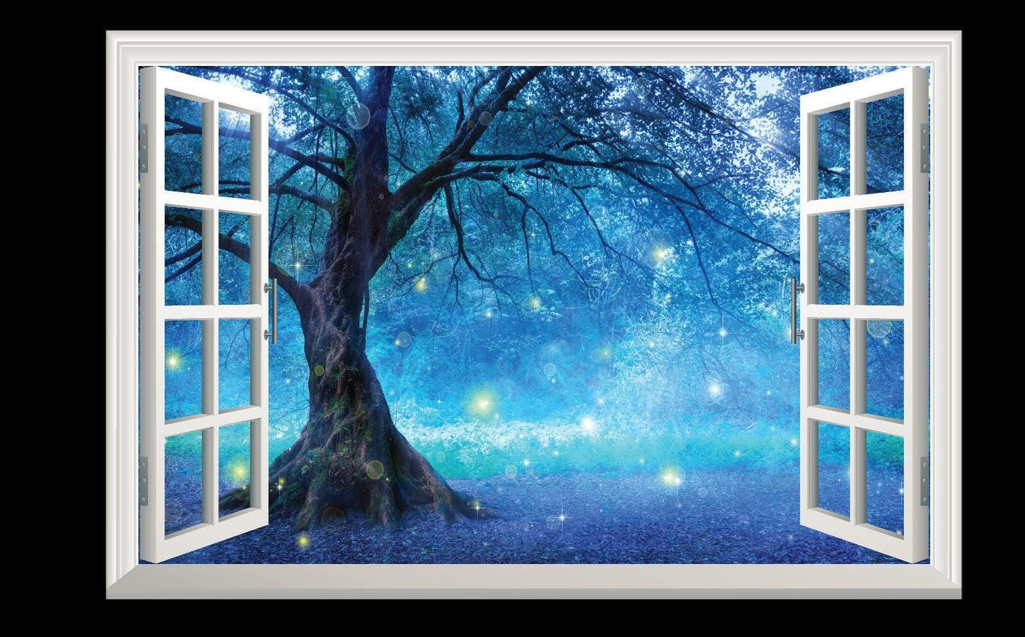 Blue Fairy Tree Wall Decal: 3D Window View, Forest Mural