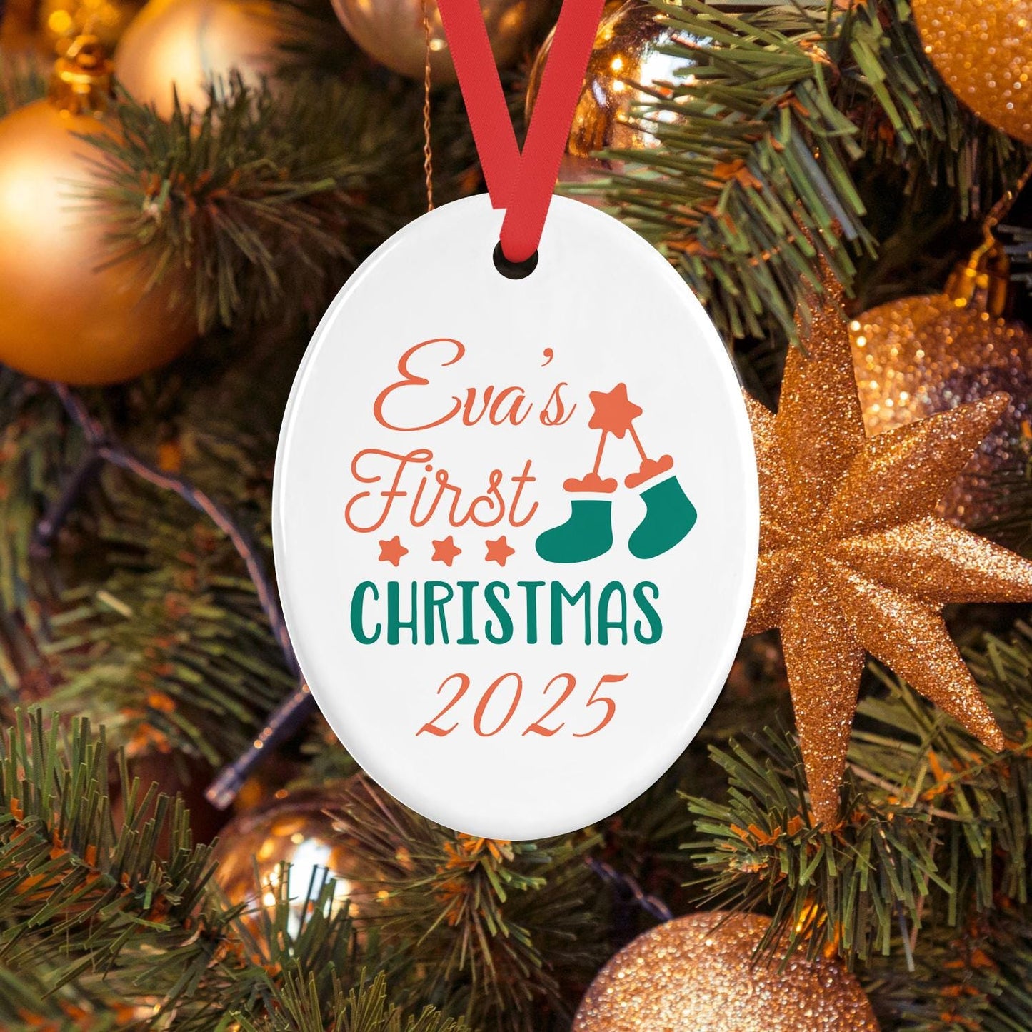 Personalised Babys First Christmas Oval Ceramic Bauble Tree Hanging Decoration Keepsake